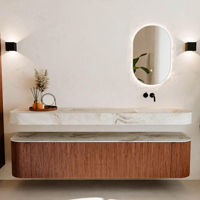 MONDIAZ THOR-DLUX 200cm meuble de salle de bains arrondi gauche + droite couleur Ruby avec 2 tiroirs et 2 portes. Vasque suspendue CLOUD Droite sans trou de robinet couleur Frappe.