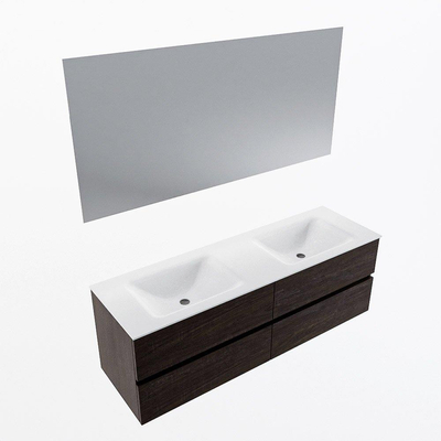 Mondiaz VICA ensemble de meuble de salle de bain - 150cm - meuble sous-vasque marron foncé - 4 tiroirs - lavabo cloud double - 2 trous de robinet - couleur talc - miroir LED - version XL 60cm de haut