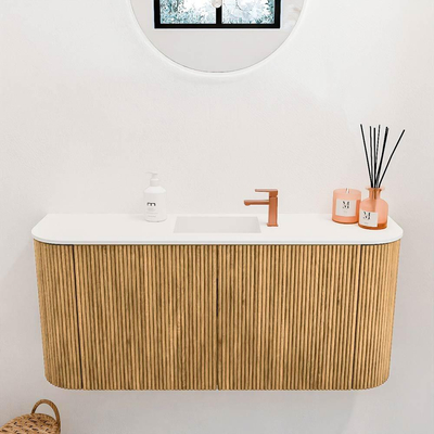 Mondiaz JOYA meuble WC 93,2 cm - arrondi à gauche et à droite couleur Chêne - Lavabo FAYE position Centrale 1 trou de robinet couleur Talc.