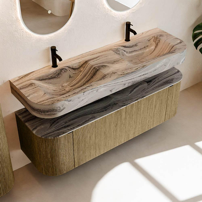 MONDIAZ THOR-DLUX 150cm meuble de salle de bains arrondi gauche + droite couleur Dusk avec 1 tiroir et 2 portes. Vasque suspendue CLOUD Double 2 trous de robinet couleur Sombra.