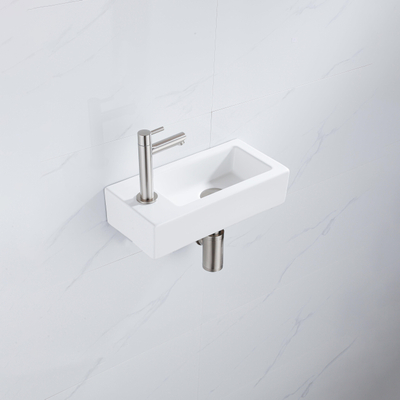 FugaFlow Efficiente Pietra Ensemble de fontaine - 37,5x18,5x9cm - céramique - trou de robinet à gauche - robinet de fontaine en inox brossé - bouchon de vidange - siphon abaissé - Blanc mat