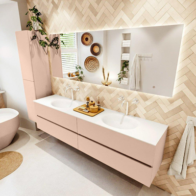 MONDIAZ VICA Ensemble meuble de salle de bains - 200cm - meuble bas rosee - 4 tiroirs - lavabo moon double - 2 trous de robinet - version haute 60cm - talc