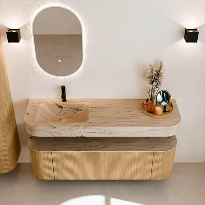 MONDIAZ THOR-DLUX 150cm badmeubel ronding links + rechts kleur Oak met 1 lade en 2 deuren. Vrijhangende wastafel CLOUD Links 1 kraangat kleur Arena.