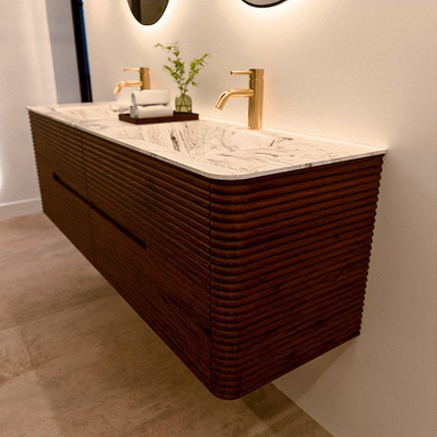 Mondiaz CIRO-DLUX Badkamermeubelset - 160x45x50cm - Solid surface wastafel Glace - 2 wasbak Dubbel - 2 kraangaten - 4 lades - Ruby