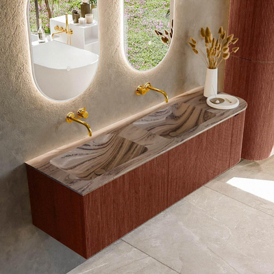MONDIAZ KURVE-DLUX Meuble de salle de bains 155cm arrondi à droite couleur Ruby avec 2 tiroirs et 1 porte. Lavabo LEAF Double / Gauche sans trou de robinet Sombra.