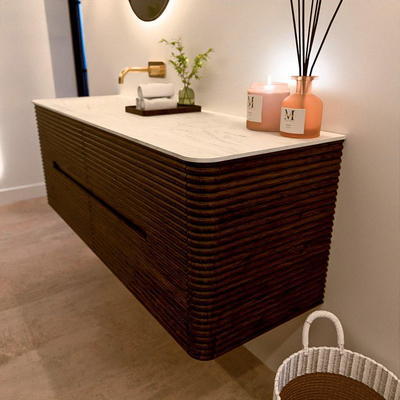 Mondiaz CIRO-DLUX Meuble de salle de bains - 140x45x50cm - Plan vasque solid surface Opalo - 1 lavabo à gauche - sans trous de robinet - 4 tiroirs - Noyer