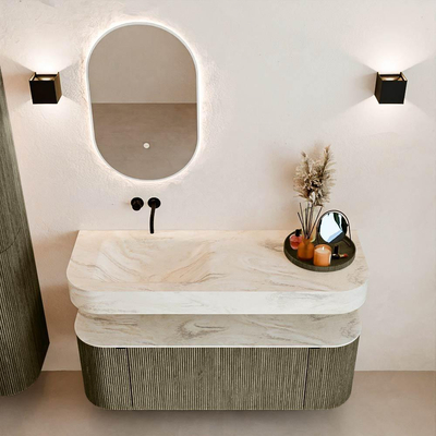 MONDIAZ THOR-DLUX Meuble de salle de bains 130cm arrondi gauche + droite couleur Shadow avec 1 tiroir et 2 portes. Vasque suspendue CLOUD Gauche sans trou de robinet couleur Ostra.