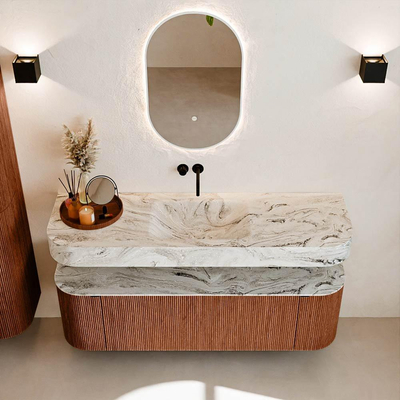 MONDIAZ THOR-DLUX 150cm meuble de salle de bains arrondi gauche + droite couleur Ruby avec 1 tiroir et 2 portes. Vasque suspendue CLOUD Centre sans trou de robinet couleur Glace.