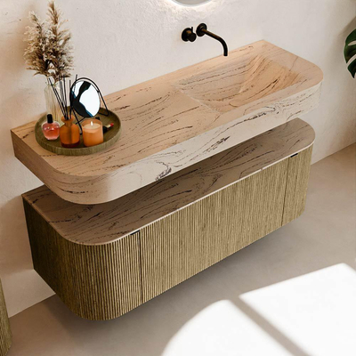 MONDIAZ THOR-DLUX 130cm meuble de salle de bains arrondi gauche + droite couleur Dusk avec 1 tiroir et 2 portes. Vasque suspendue CLOUD Droite sans trou de robinet couleur Arena.