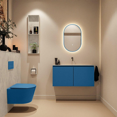 MONDIAZ TURE-DLUX Meuble toilette - 100cm - Jeans - EDEN - vasque Opalo - position centrale - sans trou de robinet