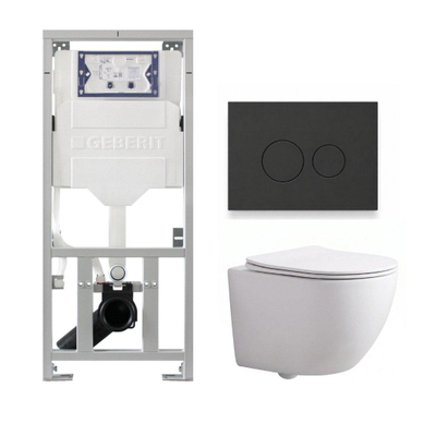 Pack WC QeramiQ Dely Swirl Compact - réservoir encastrable Geberit UP320 - avec bâti-support Burda - abattant slim - plaque de commande en plastique anthracite mat - boutons ronds - blanc brillant