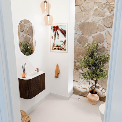 Mondiaz JOYA 51.6cm toiletmeubel - ronding links kleur Walnut - Wastafel FAYE positie Rechts 1 kraangat kleur Talc.