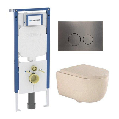 QeramiQ Dely Swirl Toiletset - 36.3x51.7cm - Geberit UP720 Duofix Sigma inbouwreservoir - 35mm zitting - gunmetal bedieningsplaat - ronde knoppen - beige