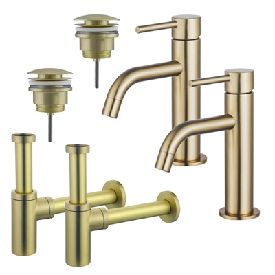 FugaFlow Eccelente Sobrado Slim Kit robinet lavabo - pour double vasque - robinet bas - bonde clic clac - siphon design - Laiton brossé PVD
