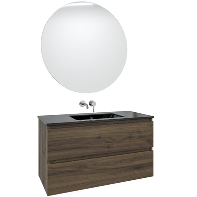 Saniclass Chaci Ensemble meuble de salle de bains - 100x46x55cm - lavabo céramique noir - 1 vasque - sans trous de robinet - 2 tiroirs - miroir rond avec éclairage - noyer (bois)