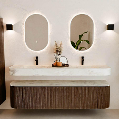 MONDIAZ THOR-DLUX 180cm meuble de salle de bains arrondi gauche + droite couleur Walnut avec 2 tiroirs et 2 portes. Vasque suspendue CLOUD Double 2 trous de robinet couleur Ostra.