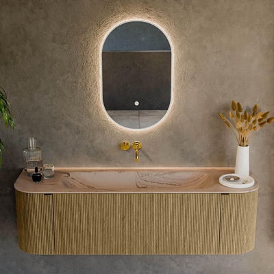 MONDIAZ KURVE-DLUX Meuble de salle de bains 150cm arrondi Gauche + Droite couleur Dusk avec 1 tiroir et 2 portes. Plan-vasque BIG MEDIUM Central sans trou de robinet Arena.