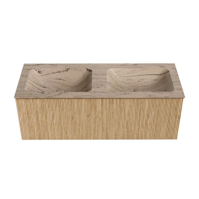 MONDIAZ KURVE-DLUX Meuble de salle de bains 120cm couleur Oak avec 1 tiroir et 0 porte. Lavabo LEAF Double sans trou de robinet Arena.