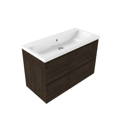 Saniclass Holz Pure Ensemble de meubles de salle de bains - 100x45x63.5cm - lavabo en céramique Bari blanc - 1 vasque - 2 trous de robinet - 2 tiroirs - chêne charcoal mat (bois)