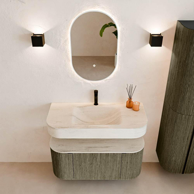 MONDIAZ THOR-DLUX Meuble de salle de bains - 100cm - arrondi gauche + droite - couleur Shadow - 1 tiroir - 2 portes - Vasque suspendue CLOUD Milieu 1 trou de robinet couleur Meli