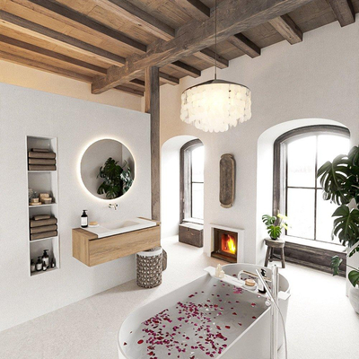 Mondiaz BUKLA Ensemble de meuble - 100x45x34cm - 0 trous de robinet - lavabo centré - solid surface - Talc - sans poignée - 1 tiroir - Mélamine - Chêne blanchi