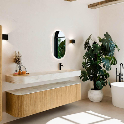 MONDIAZ THOR-DLUX Meuble de salle de bains - 180cm - arrondi gauche + droite - couleur Oak - 2 tiroirs et 2 portes - Vasque suspendue CLOUD Droite 1 trou de robinet couleur Ostra