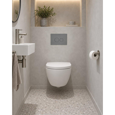 QeramiQ Dely Swirl Compact Toiletset - inbouwreservoir QeramiQ flush - 25mm zitting - kunststof bedieningsplaat licht grijs - ronde knoppen - mat wit