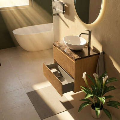 Saniclass Holz Atelier Ensemble de meubles de salle de bains - 80x45x63cm - Plan de travail en pierre naturelle Noche dark emperador - 1 trou de robinetterie - 2 tiroirs - chêne naturel mat (bois)