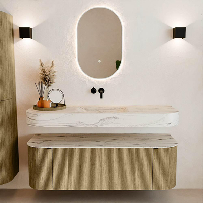 MONDIAZ THOR-DLUX 140cm meuble de salle de bains arrondi gauche + droite couleur Dusk avec 1 tiroir et 2 portes. Vasque suspendue CLOUD Milieu sans trou de robinet couleur Nata.