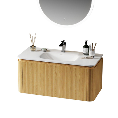 Royal Plaza Terra Ensemble meuble de salle de bains - 100x46.2x46cm - vasque en solid surface blanc mat - 1 vasque - 1 trou de robinet - 2 tiroirs - sandwood (chêne clair)
