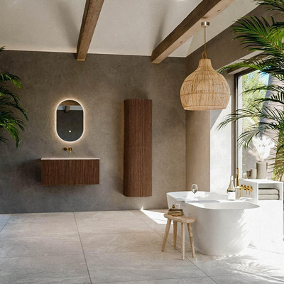 MONDIAZ KURVE-DLUX Meuble de salle de bains 90cm couleur Walnut avec 1 tiroir et 0 portes. Vasque BIG SMALL Milieu sans trou de robinet Meli.