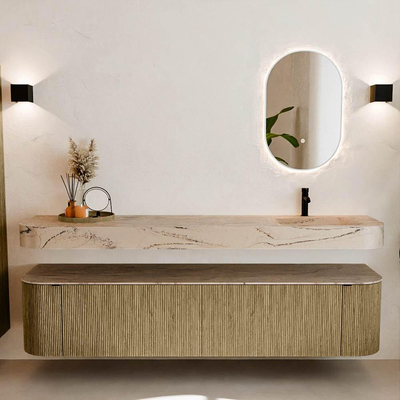 MONDIAZ THOR-DLUX 200cm badmeubel ronding links + rechts kleur Dusk met 2 lades en 2 deuren. Vrijhangende wastafel CLOUD Rechts 1 kraangat kleur Arena.