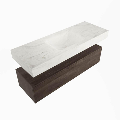 Mondiaz ALAN-DLUX Ensemble de meuble de salle de bain - 130x46cm - 1 tiroir - vasque suspendue - sans trous de robinetterie - 1 au centre - Dark Brown (chêne foncé)