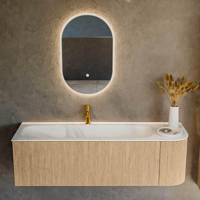 MONDIAZ KURVE 145cm Meuble salle de bain avec module 25 D - couleur Oak - 1 tiroir - 1 porte - vasque BIG LARGE gauche - 1 trou de robinet - Talc