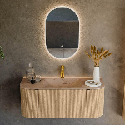 MONDIAZ KURVE-DLUX 110cm badmeubel ronding Links + Rechts kleur Oak met 1 lade en 2 deuren. Wastafel CLOUD Midden 1 kraangat Arena.