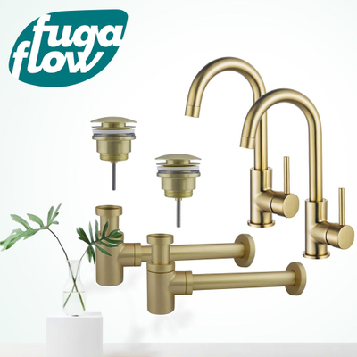 FugaFlow Eccelente Sobrado Badkamer Wastafelkraanset - voor dubbele wastafel - hoge wastafelkraan - draaibare uitloop - klikwaste plug - verlaagde design sifon - PVD Geborsteld Messing