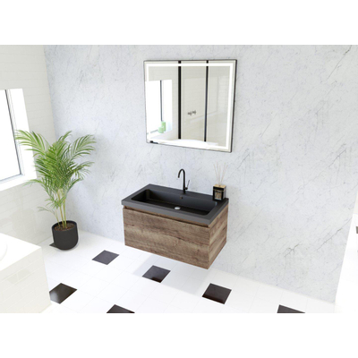 HR Matrix ensemble meuble de salle de bain 3d 80cm 1 tiroir sans poignée avec bandeau couleur charleston avec vasque djazz 1 trou pour robinet noir mat