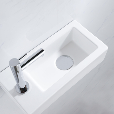 QeramiQ Lave-mains Kit lave-mains - 37.5x18.5x9cm - céramique - trou de robinet gauche - robinet lave-mains chrome - bonde de vidage - siphon abaissé - Mat blanc