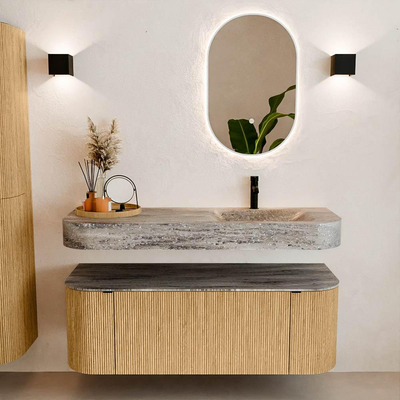 MONDIAZ THOR-DLUX 130cm badmeubel ronding links + rechts kleur Oak met 1 lade en 2 deuren. Vrijhangende wastafel CLOUD Rechts 1 kraangat kleur Oza.