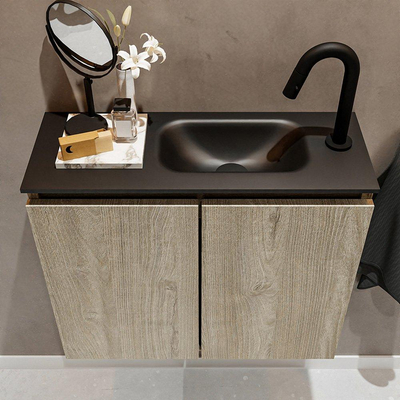 Mondiaz TURE Meuble lave-mains 60x23x50cm 1 trou de robinet 2 portes Light brown grey mat Lavabo Eden Droite Solid Surface Noir