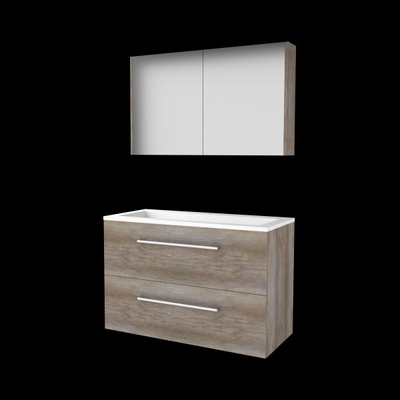 Basic-Line ensemble de meubles de salle de bain comfort 46 100x46cm avec poignées 2 tiroirs lavabo acrylique 1 trou de robinetterie armoire de toilette mfc scotch oak