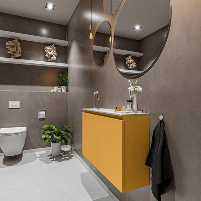 MONDIAZ TURE Fonteinset - 80x23x50cm - 1 kraangat - 2 deuren - ocher mat - Wasbak links - Solid Surface Wit
