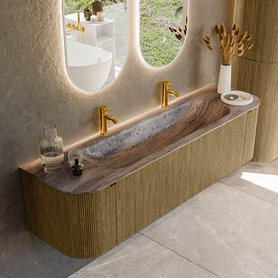 MONDIAZ KURVE-DLUX 170cm meuble de salle de bains arrondi Gauche + Droite couleur Dusk avec 1 tiroir et 2 portes. Plan-vasque BIG LARGE Central 2 trous de robinet Oza.