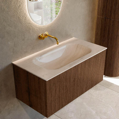 MONDIAZ KURVE-DLUX Meuble de salle de bains 90cm couleur Walnut avec 1 tiroir et 0 portes. Vasque BIG SMALL Milieu sans trou de robinet Meli.