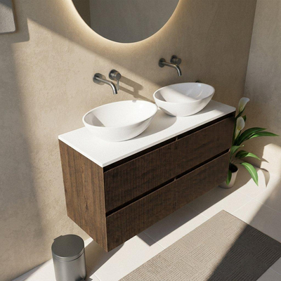 Saniclass Holz Atelier Ensemble de meubles de salle de bains - 120x45x62.5cm - Plan de toilette Torino en solid surface blanc - sans trou de robinetterie - 2 tiroirs - chêne charcoal mat (bois)