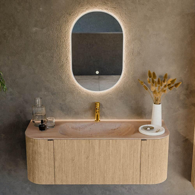 MONDIAZ KURVE-DLUX 120cm badmeubel ronding Links + Rechts kleur Oak met 1 lade en 2 deuren. Wastafel BIG SMALL Midden 1 kraangat Saba.