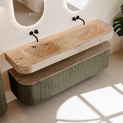 MONDIAZ THOR-DLUX 170cm meuble de salle de bains arrondi gauche + droite couleur Shadow avec 1 tiroir et 2 portes. Vasque suspendue CLOUD Double sans trou de robinet couleur Arena.