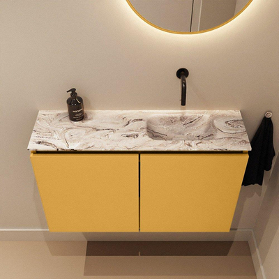 MONDIAZ TURE-DLUX Meuble de toilettes 80 cm Ocher. Lavabo EDEN Glace position à droite. Sans trou de robinet.