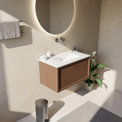 Saniclass Holz Frame Ensemble meuble de salle de bains - 80x45x42cm - Lavabo Vygo en céramique blanc - 1 vasque - sans trou de robinet - 1 tiroir - walnut pure mat (bois)