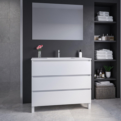 Adema Chaci PLUS Ensemble de meuble - 99.5x86x45.9cm - 1 vasque rectangulaire en céramique Blanc - 1 trou de robinet - 3 tiroirs - miroir rectangulaire - Blanc mat